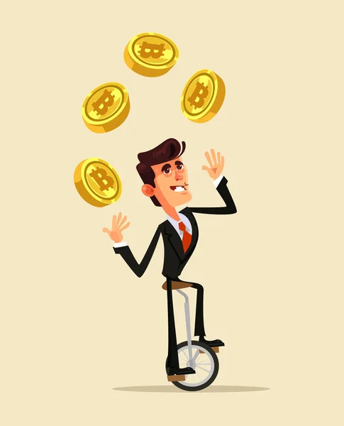Happy Smiling Businessman Miner Office Worker Character Juggle Golden Bitcoin — Stock Vector