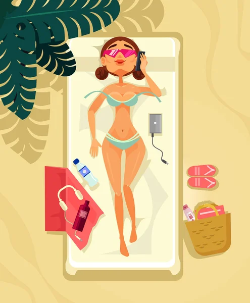 Happy smiling woman character sunbathing and relaxing. Summer time holiday vacation beach line resort flat cartoon graphic design concept illustration