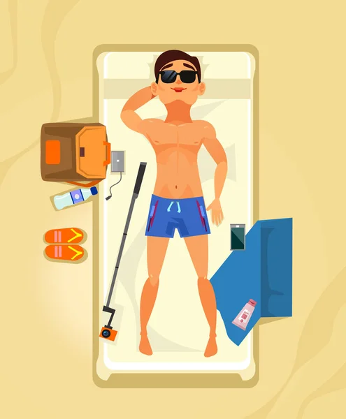 Glücklich Lächelnden Mann Charakter Sonnenbaden Und Entspannen Sommer Zeit Urlaub — Stockvektor