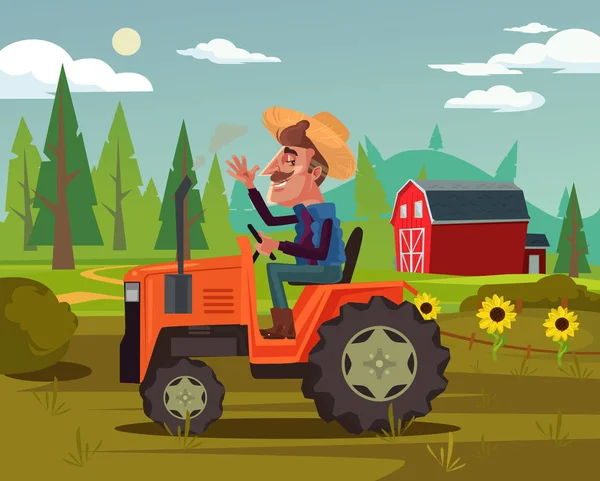Ευτυχισμένος Χαμογελαστός Αγρότης Οδήγησης Βόλτα Τρακτέρ Αυτοκινήτων Και Συγκομιδή Λαχανικά — Διανυσματικό Αρχείο