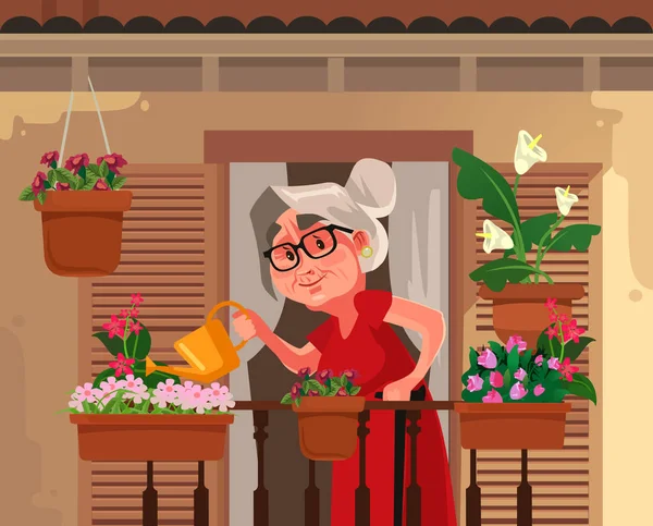 Happy Leende Mormor Mormor Mormor Vattning Blommor Växt Pensionering Hobby — Stock vektor