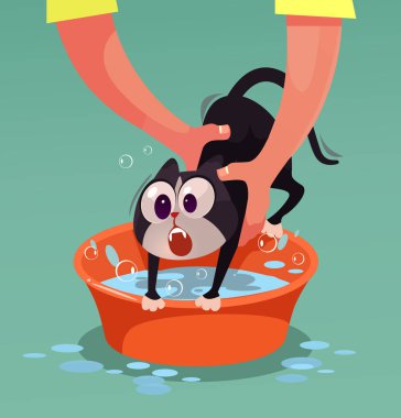 Kızgın kedi karakter karşı ve banyo istemiyorum. Vektör düz çizgi film illüstrasyon