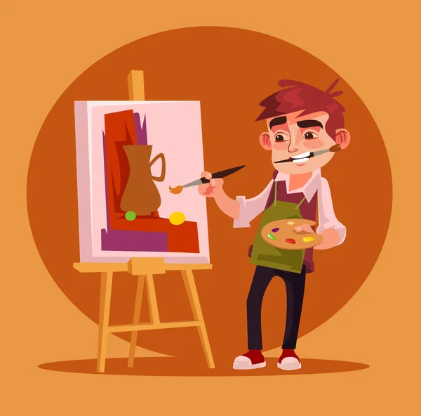 Feliz Sorrindo Pequeno Menino Artista Desenho Imagem Ilustração Desenho Animado — Vetor de Stock