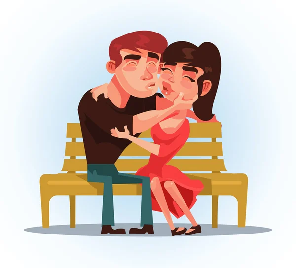 Two People Man Woman Sitting Bench Kissing First Date Vector — Stock Vector