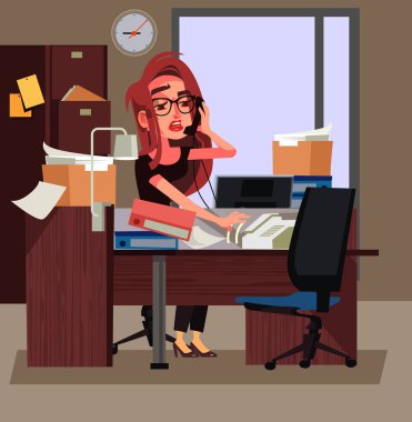 Yorgun ofis işçi iş kadın çalışkan vurguladı. İş gün çizgi film illüstrasyon vektör
