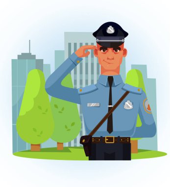 Mutlu gülümseyen polis karakter el ile selamlayan tebrik. Düşük vektör karikatür çizim