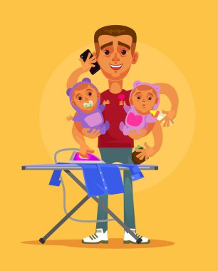 Tüm ev işi ve iki çocuk bakımı mutlu gülümseyen süper kahraman multitasking ev hanımı kocası karakter. Ebeveynlik ve aile içi aile yaşam tarzı kavramı vektör karikatür çizim
