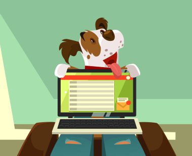 Mutlu köpek karakteri çalışırken gülümseyen dikkat sahibi kendi kendine. Hayvan dostluk kavramı vektör karikatür çizim