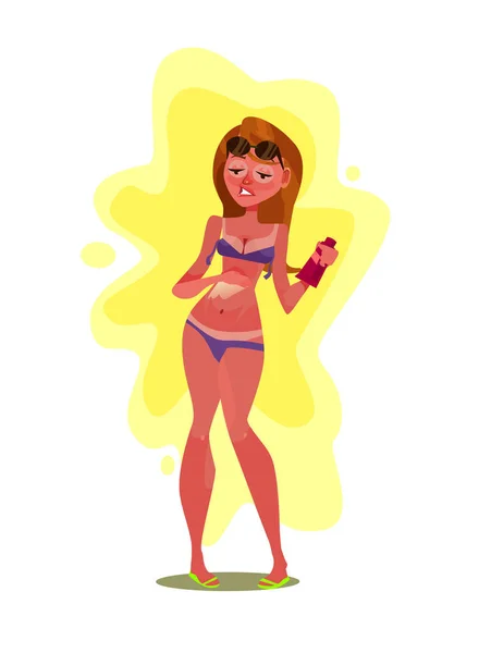 Personagem Mulher Infeliz Queimando Sol Manchar Com Creme Verão Tempo — Vetor de Stock