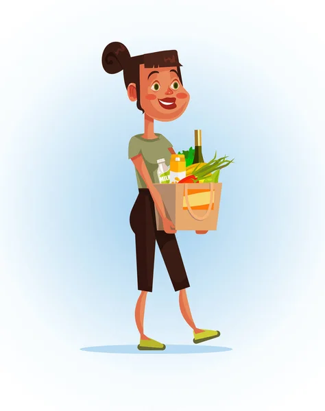 Feliz Personaje Sonriente Mujer Sosteniendo Bolsa Papel Llena Comida Nutrición — Vector de stock