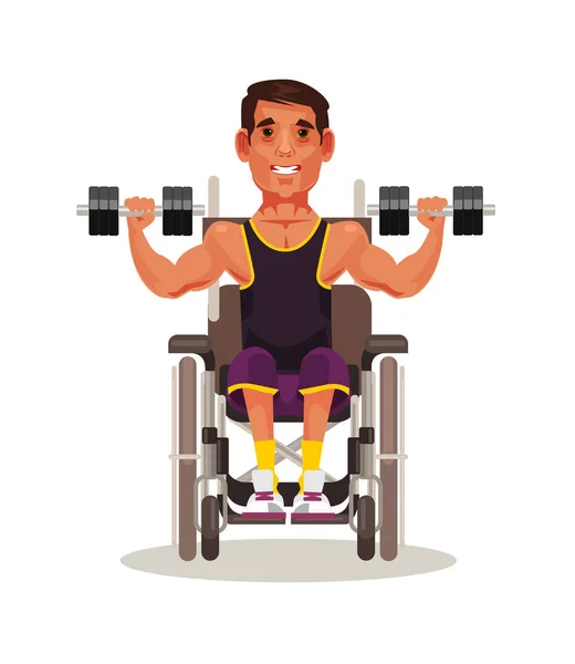 Tekerlekli Sandalyede Oturan Egzersiz Halter Ile Engelli Spor Adam Karakter — Stok Vektör