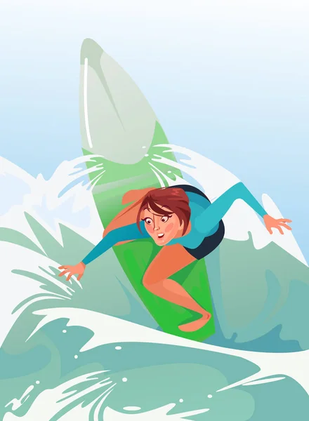Glücklich Lächelnde Mädchenfigur Beim Surfen Sommer Zeit Sport Urlaub Vektor — Stockvektor