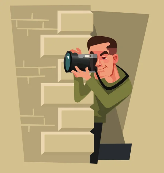 Journaliste Photographe Paparazzi Homme Personnage Caché Essayer Prendre Des Photos — Image vectorielle