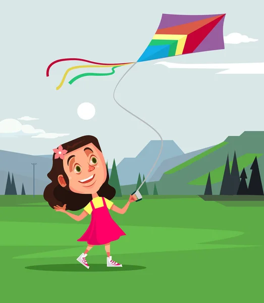 Happy Smiling Little Girl Character Playing Fly Kite Summer Spring — Stock Vector