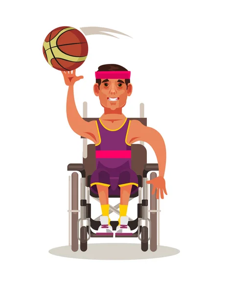 Happy strong man character sitting in wheelchair and playing basketball game. Paralympic competition concept vector cartoon illustration