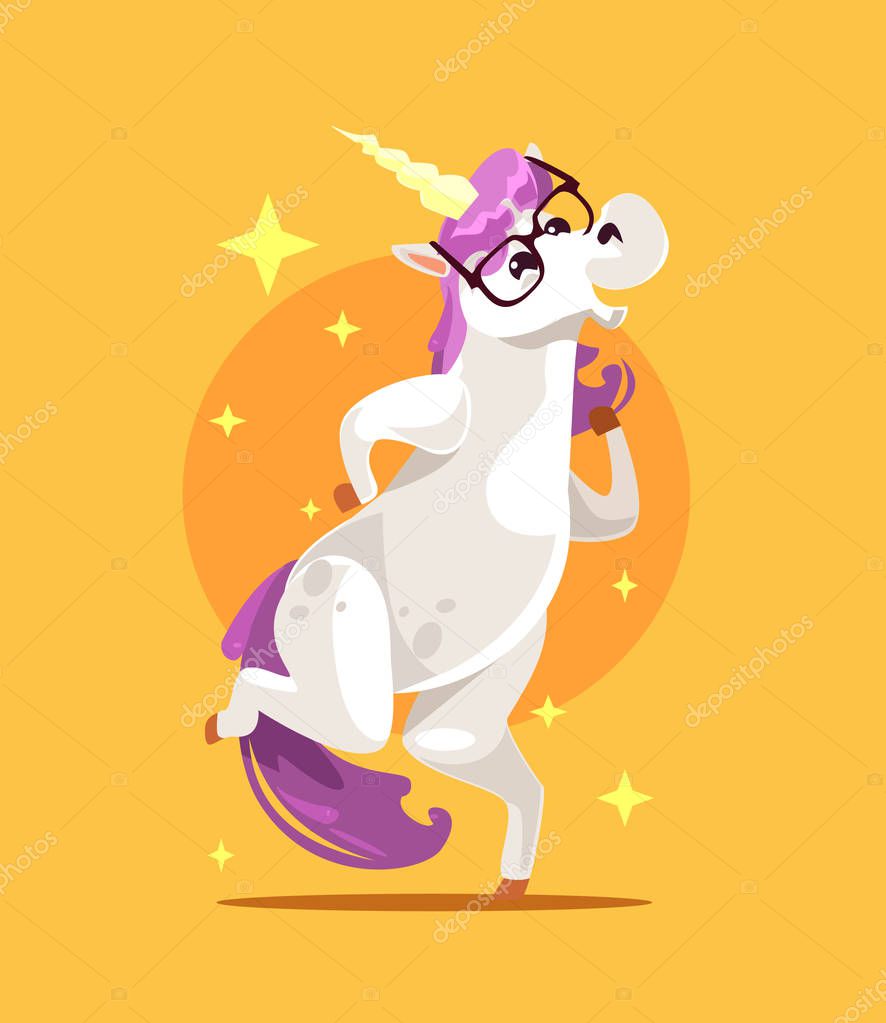 Happy smiling dancing unicorn character. Fairytale vector cartoon illustration