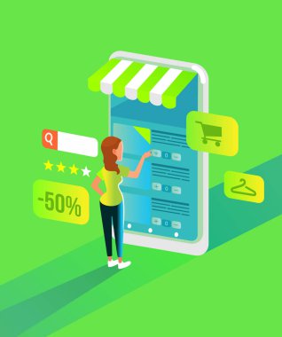 Mutlu gülümseyen kadın karakter smartphone tarafından alışveriş yapıyor. Online alışveriş kavramı düz çizgi film grafik tasarım illüstrasyon