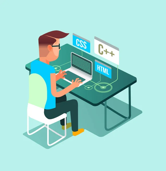 Programer Freelancer Worker Man Character Work Home Computer Laptop Freelance — Stock Vector