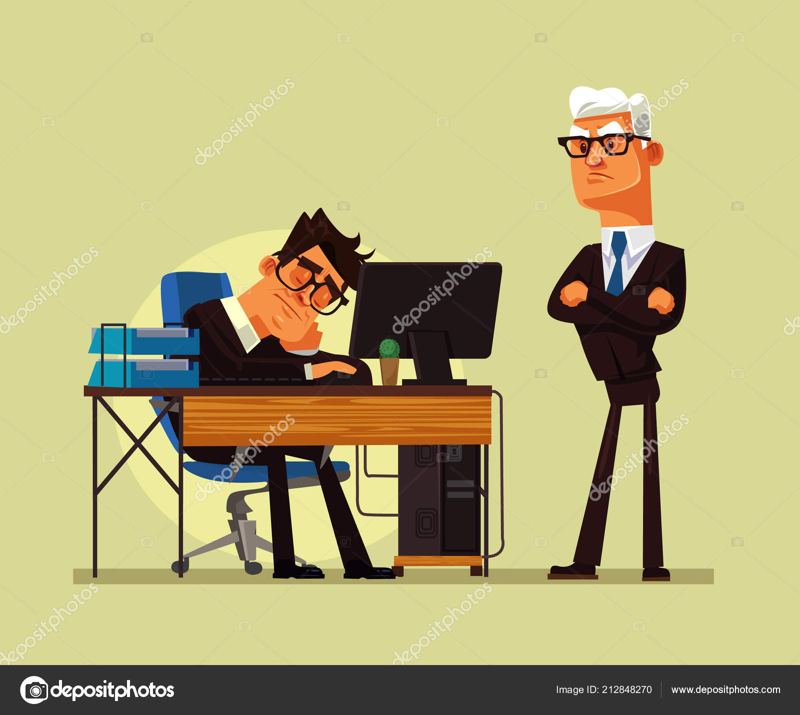 Tired Office Worker Man Character Sleeping Workplace Angry Boss