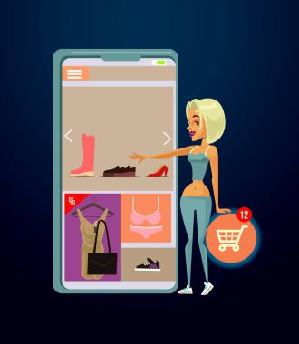 Web sitesini Internet smartphone tarafından online alışveriş yaparken kadın tüketici karakter. E-alışveriş modern teknoloji vektör çizgi film illüstrasyon