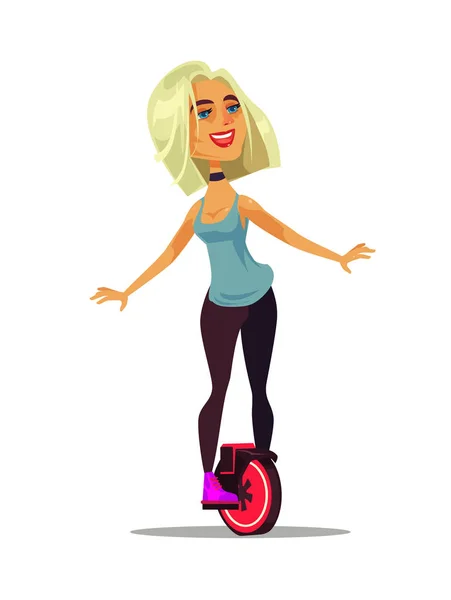 Glücklich Lächelnde Mädchenfigur Die Monowheel Reitet Moderne Technologie Vektor Cartoon — Stockvektor