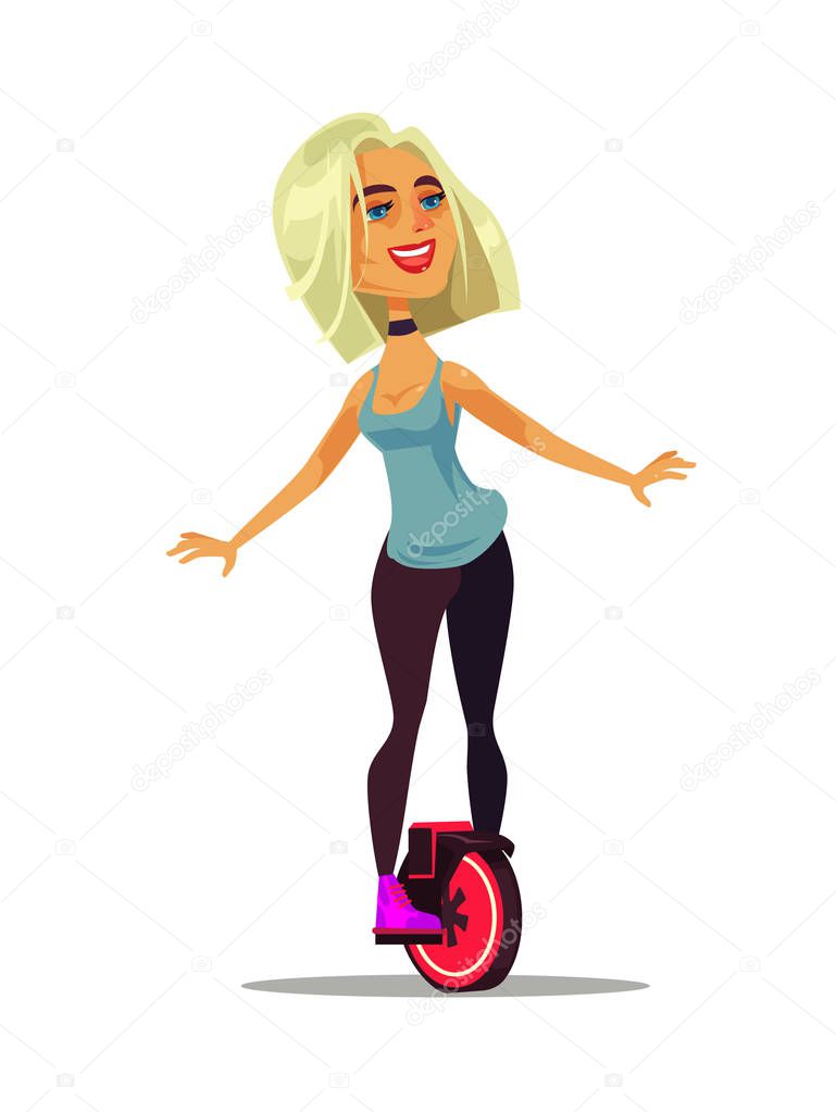 Happy smiling woman girl character riding monowheel. Modern technology vector cartoon illustration