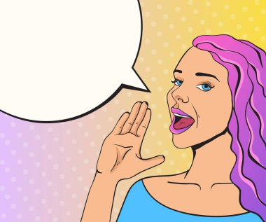 Açık ağız dudaklar çığlık mutlu gülümseyen kadın karakteriyle dikkat satış indirim Haberler olay duyurdu. Retro nokta poster tarzı. Vektör karikatür grafik tasarım izole illüstrasyon