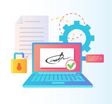 Usb dizüstü bilgisayar monitörü PS Web Internet belge sözleşme anlaşması iş kavramı elektronik online dijital imza damgası. Vektör düz çizgi film grafik tasarım çizim