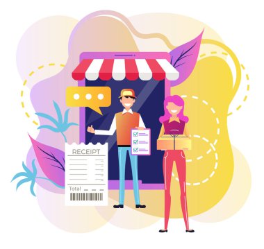 Gülümseyen adam Kurye teslim kutusu parsel için kadın tüketici karakter ev için. E ticaret web sitesi piyasası tarafından işlem gerekebilir. Internet modern teslim teknoloji web sitesi app. grafik tasarlamak vektör düz çizgi film hızlı