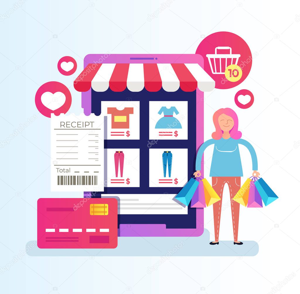 Woman consumer buyer character holding bags purchases gifts packages. Online web page internet shopping e commerce mobile phone app service device. Vector cartoon graphic design isolated illustration
