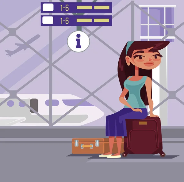女性文字座って空港手荷物バッグ旅行飛行機を待っています 旅行ベクター デザイン グラフィック フラット漫画イラスト — ストックベクタ