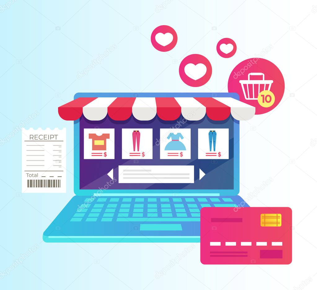 Laptop with internet shopping showcase store screen. Online virtual purchase retail e-commerce business. Vector flat cartoon isolated graphic design illustration