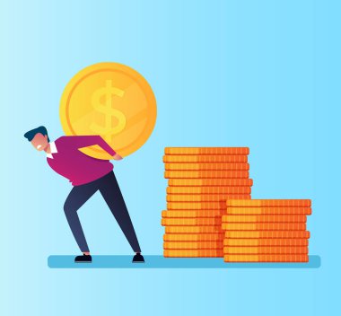 İşadamı office çalışan Yöneticisi adam karakter holding taşımak büyük altın sikke. Para kredi servet dependance bağımlılığı. Vektör düz izole illüstrasyon karikatür