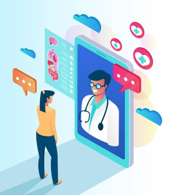 Kadın hasta karakter arama profesyonel doktor tarafından smartphone. Online web Tıp Kliniği istişare kavramı. Vektör düz izole illüstrasyon karikatür
