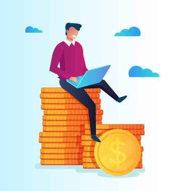 Altın sikke yığını üzerinde oturan ve çalışan zengin işadamı serbest meslek. Online web iş ev gelir casino teknoloji web sitesi. Vektör düz izole illüstrasyon karikatür