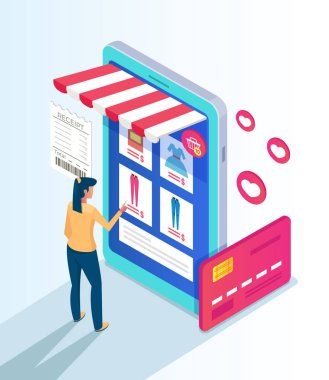 Kadın tüketici karakter Internet salonu Web sitesi tarafından alışveriş yapma. Online alışveriş e ticaret kavramı. Vektör düz izole illüstrasyon karikatür