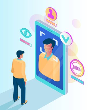 Yüz tanıma yüz kimliği sistem. Adam karakter ekranında App yüz tarama. Vektör düz çizgi film izole grafik tasarım çizim