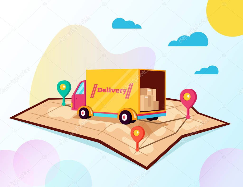 User hand holding phone and tracking online cargo delivery by online web mobile smartphone app. Delivery tracking way car map concept. Vector flat cartoon isolated graphic design illustration