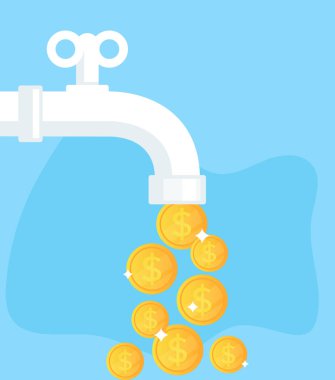 Açık musluk akışını altın ile para birimi dolar paraları. Finansal başarı kavramı. Vektör düz çizgi film grafik tasarım illüstrasyon izole