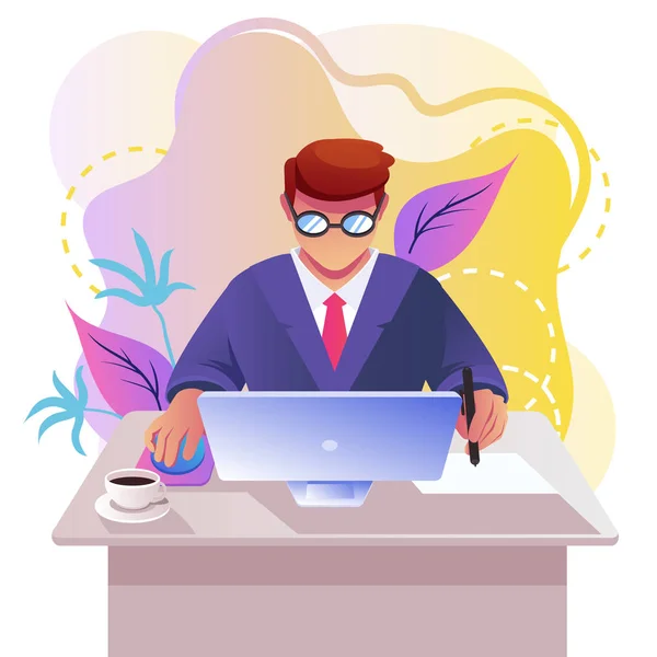 Man Businessman Office Worker Student Character Work Computer Laptop Freelance — Stock Vector