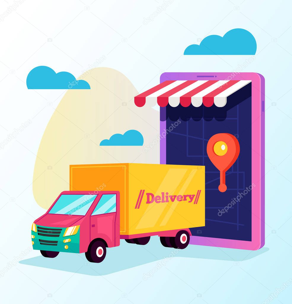 Tracking by smartphone online cargo delivery. Delivery tracking way car map concept. Vector flat cartoon isolated graphic design illustration