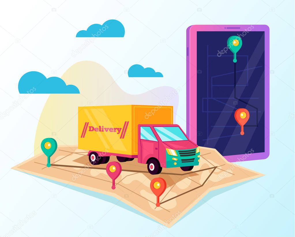 Tracking by smartphone online cargo delivery. Delivery tracking way car map concept. Vector flat cartoon isolated graphic design illustration