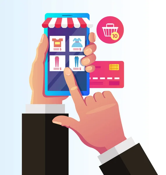 Konsumenten Hand Hålla Smartphone Och Välja Tyg Klänning Shopping Online — Stock vektor