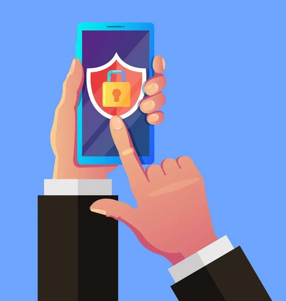 モバイル セキュリティ アプリケーション ロックとスマート フォンの画面上の盾 ユーザーの手がスマート フォンとプッシュ ボタンを保持しています データ保護の概念 ベクトル — ストックベクタ