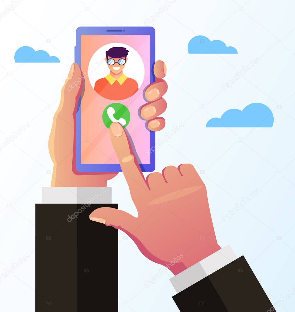 Green phone call answer button on smartphone screen. Hand holding smartphone and communicated. Online connection concept. Vector flat graphic design isolated illustration icon