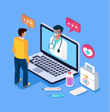 Hasta adam karakter arama doktor tarafından internet bilgisayar pc. Online Doktor Danışma tıp kavramı. Vektör tasarım grafik düz izole illüstrasyon karikatür