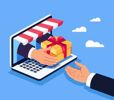 Hediye kutusu tüketici kazanan kişiye veren Yöneticisi el. Online alışveriş kavramı. Vektör düz çizgi film izole grafik tasarım çizim
