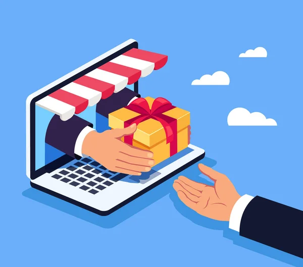 Διαχείριση Χέρι Δίνει Δώρο Πλαίσιο Καταναλωτή Νικητής Άνθρωπος Online Αγορές — Διανυσματικό Αρχείο