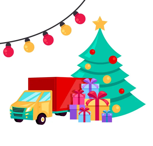 Vánoční Dovolená Dodávky Auto Dárkovou Krabičku Logistická Koncepce Internetu Vektor — Stockový vektor