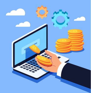 Bitcoin madencilik. Adam el Bitcoin para kripto para birimi--dan laptop alarak. Vektör düz çizgi film tasarım grafik illüstrasyon izole